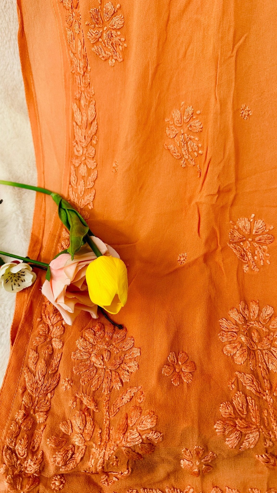 Rust orange tone on tone Viscose Chikankari Kurti with 3D Chikankari - My Store
