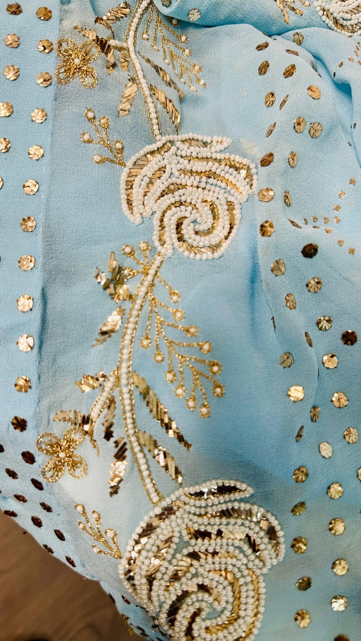 Sky blue Pure Georgette Chikankari saree with pearl & Pitta kamdani mukaish handwork - My Store
