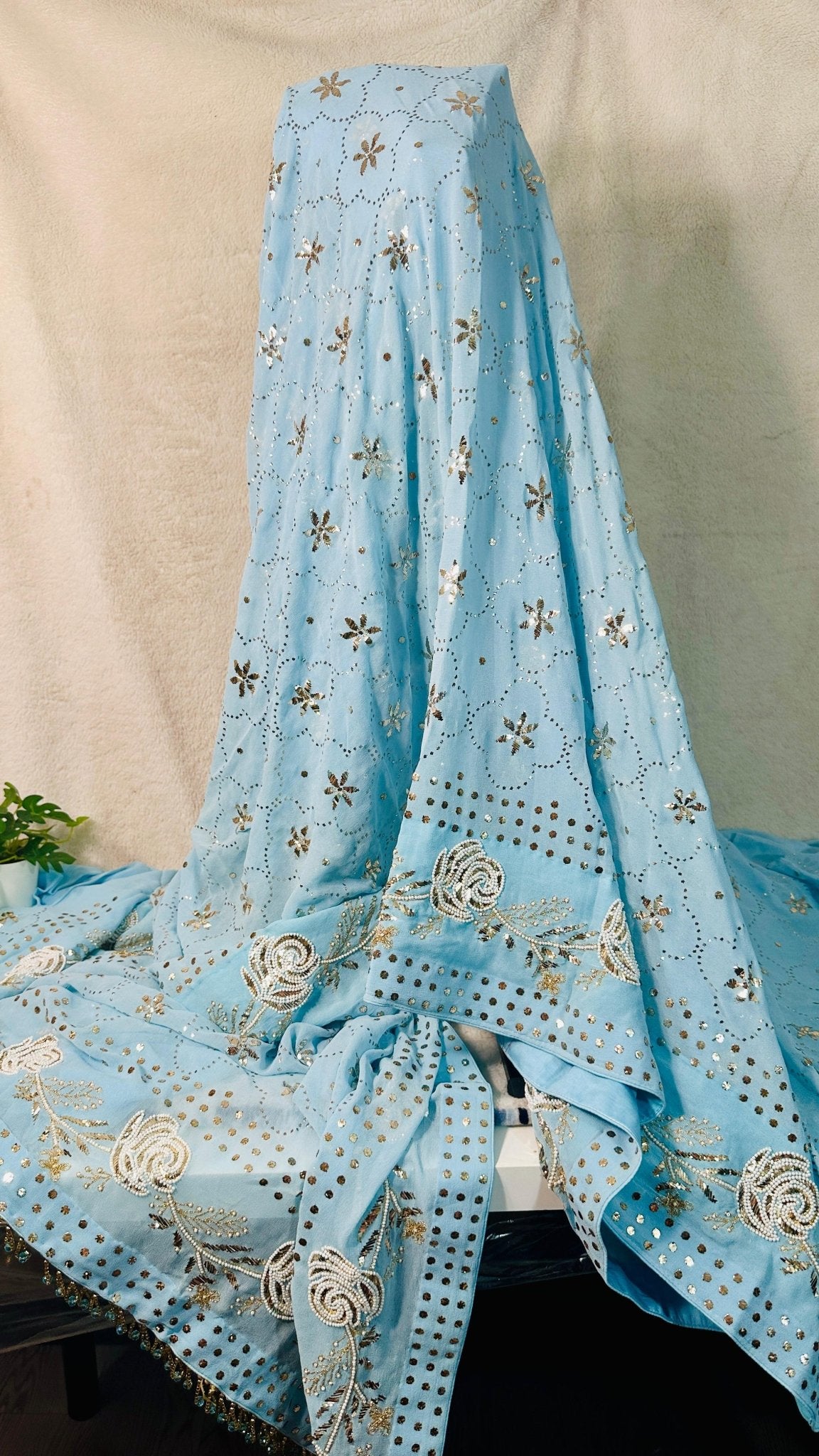 Sky blue Pure Georgette Chikankari saree with pearl & Pitta kamdani mukaish handwork - My Store