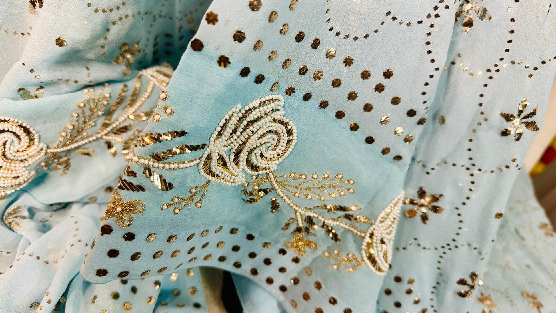 Sky blue Pure Georgette Chikankari saree with pearl & Pitta kamdani mukaish handwork - My Store