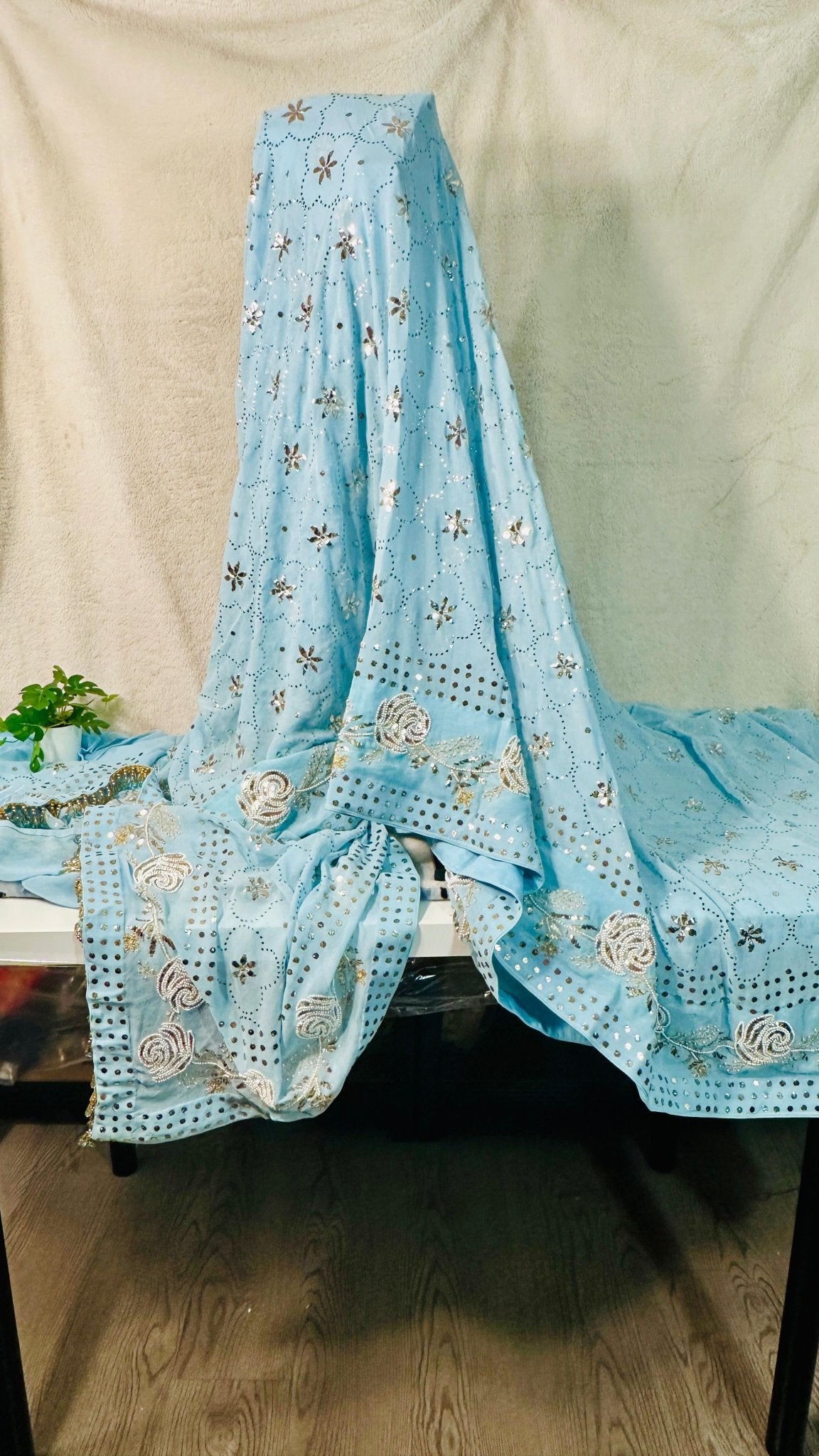 Sky blue Pure Georgette Chikankari saree with pearl & Pitta kamdani mukaish handwork - My Store