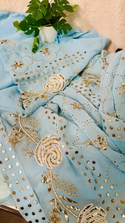Sky blue Pure Georgette Chikankari saree with pearl & Pitta kamdani mukaish handwork - My Store