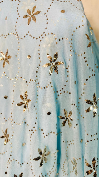 Sky blue Pure Georgette Chikankari saree with pearl & Pitta kamdani mukaish handwork - My Store
