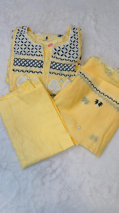 Soft lime yellow pure Mulmul Chikankari gown suit highlighted with hand chikankari, pearl & Cutdana - My Store