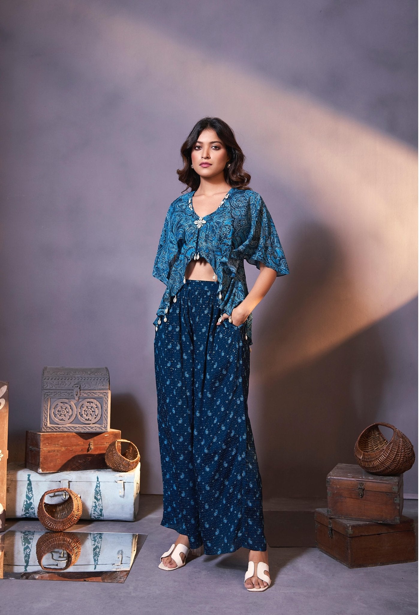Teal Blue designer Indowestern palazzo set highlighted with stone & shell handwork - My Store