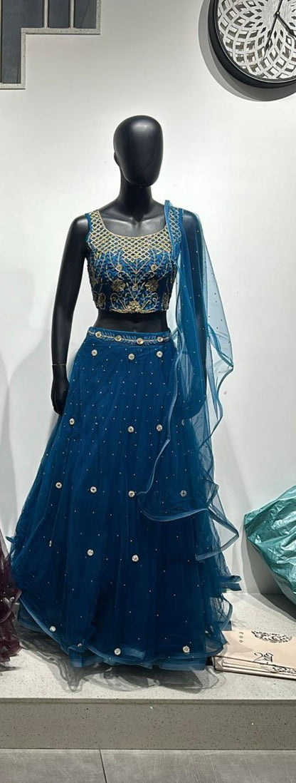 Teal Blue designer Lehenga highlighted with all Pearl & semiprecious stone, Cutdana, sequins handwork - My Store