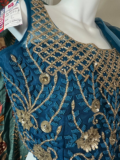 Teal Blue designer Lehenga highlighted with all Pearl & semiprecious stone, Cutdana, sequins handwork - My Store