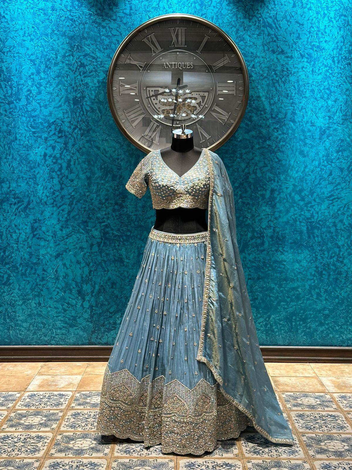 Teal blue designer tissue silk lehenga highlighted with pearl, Cutdana , Zardosi handwork - My Store