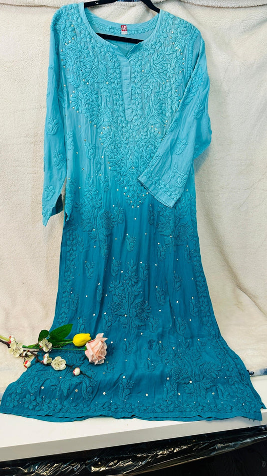 Teal blue Ombré Crape Silk Chikankari Kurti with 3D Chikankari & Mukaish hand work - My Store