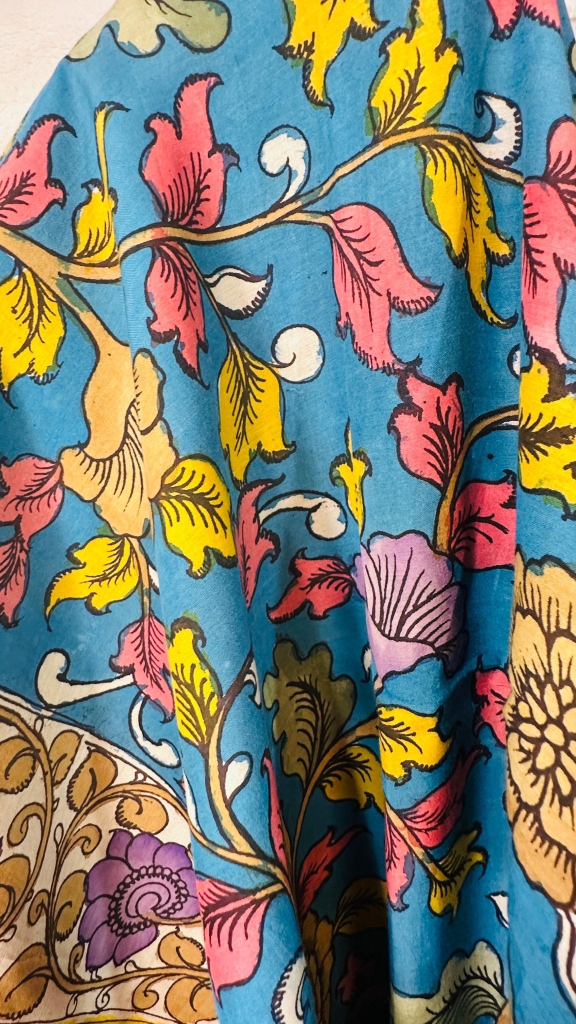 Teal Blue pure Bangalore silk hand drawn - hand painted Pen Kalamkari Saree - My Store