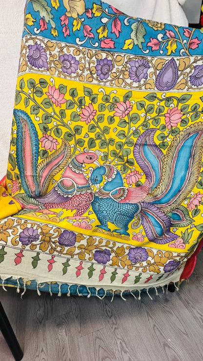 Teal Blue pure Bangalore silk hand drawn - hand painted Pen Kalamkari Saree - My Store