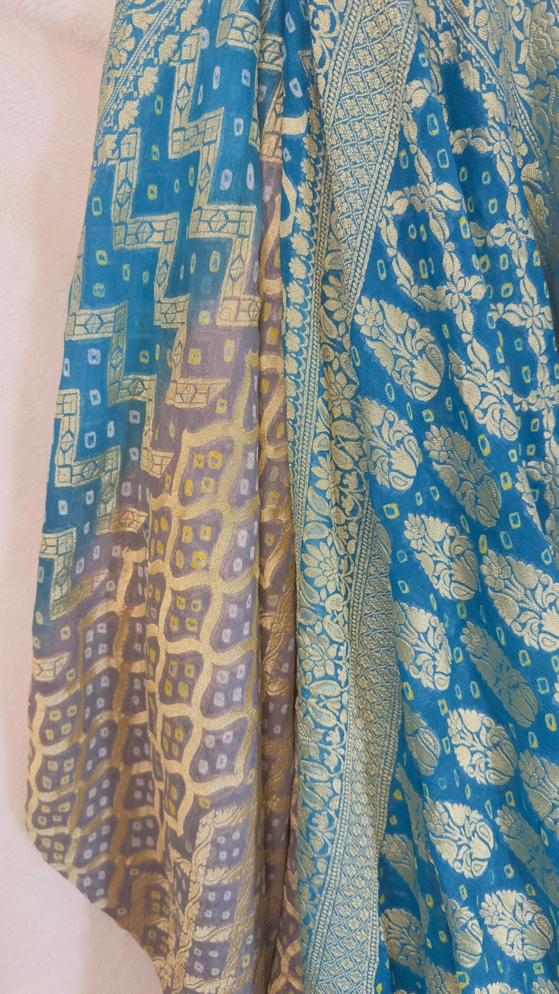 Turquoise - Grey Pure Khaddi Georgette hand rai Bandhani Banarasi saree with tested Gold zari weaving - My Store