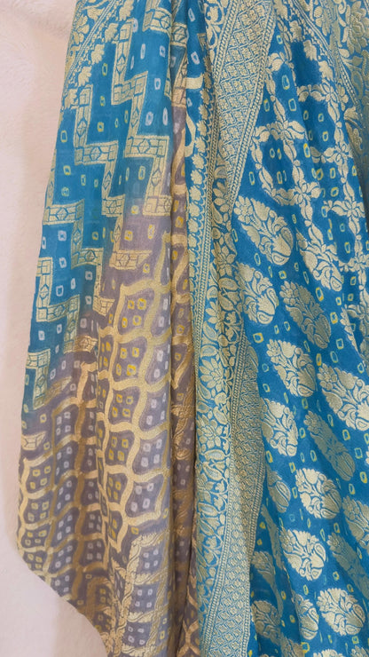 Turquoise - Grey Pure Khaddi Georgette hand rai Bandhani Banarasi saree with tested Gold zari weaving - My Store