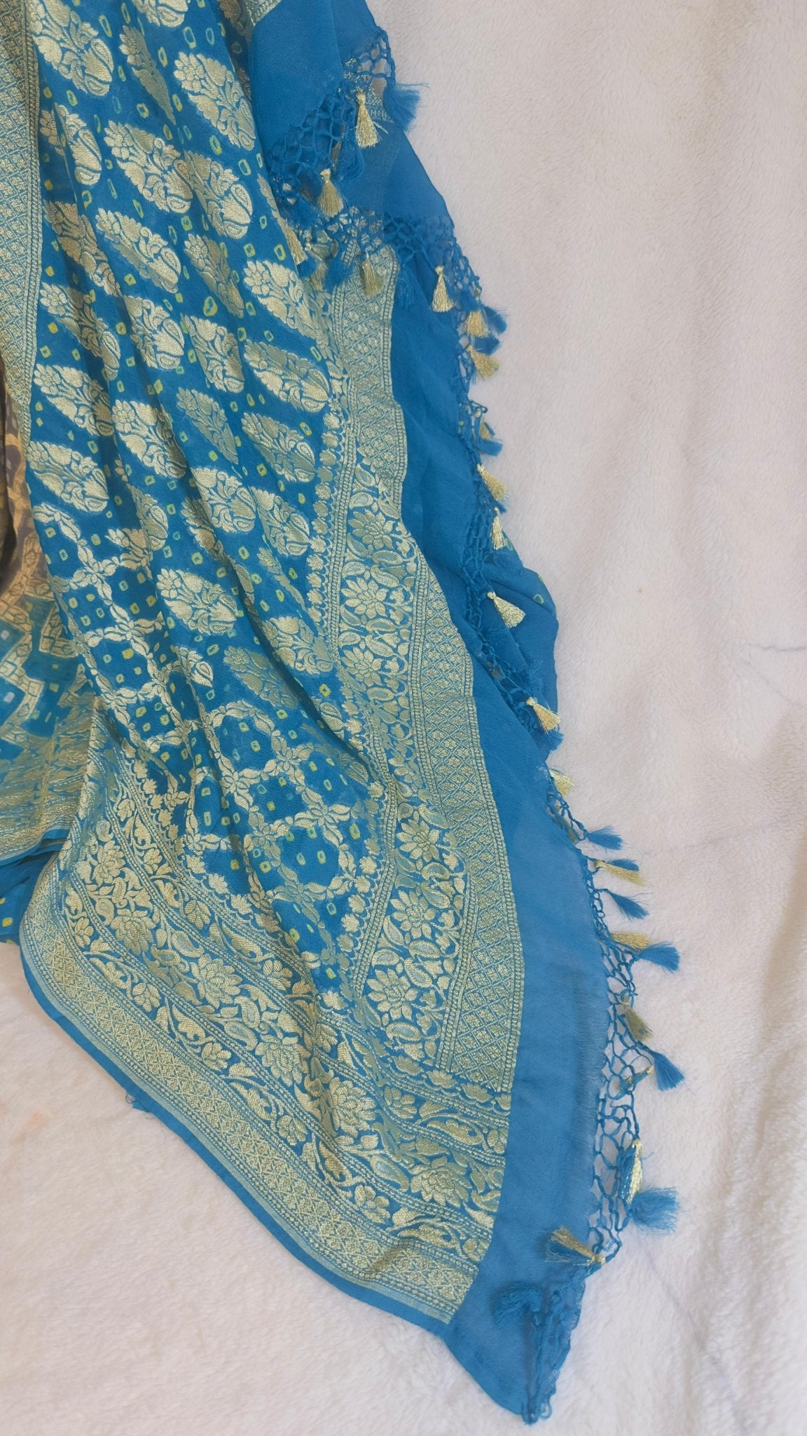 Turquoise - Grey Pure Khaddi Georgette hand rai Bandhani Banarasi saree with tested Gold zari weaving - My Store