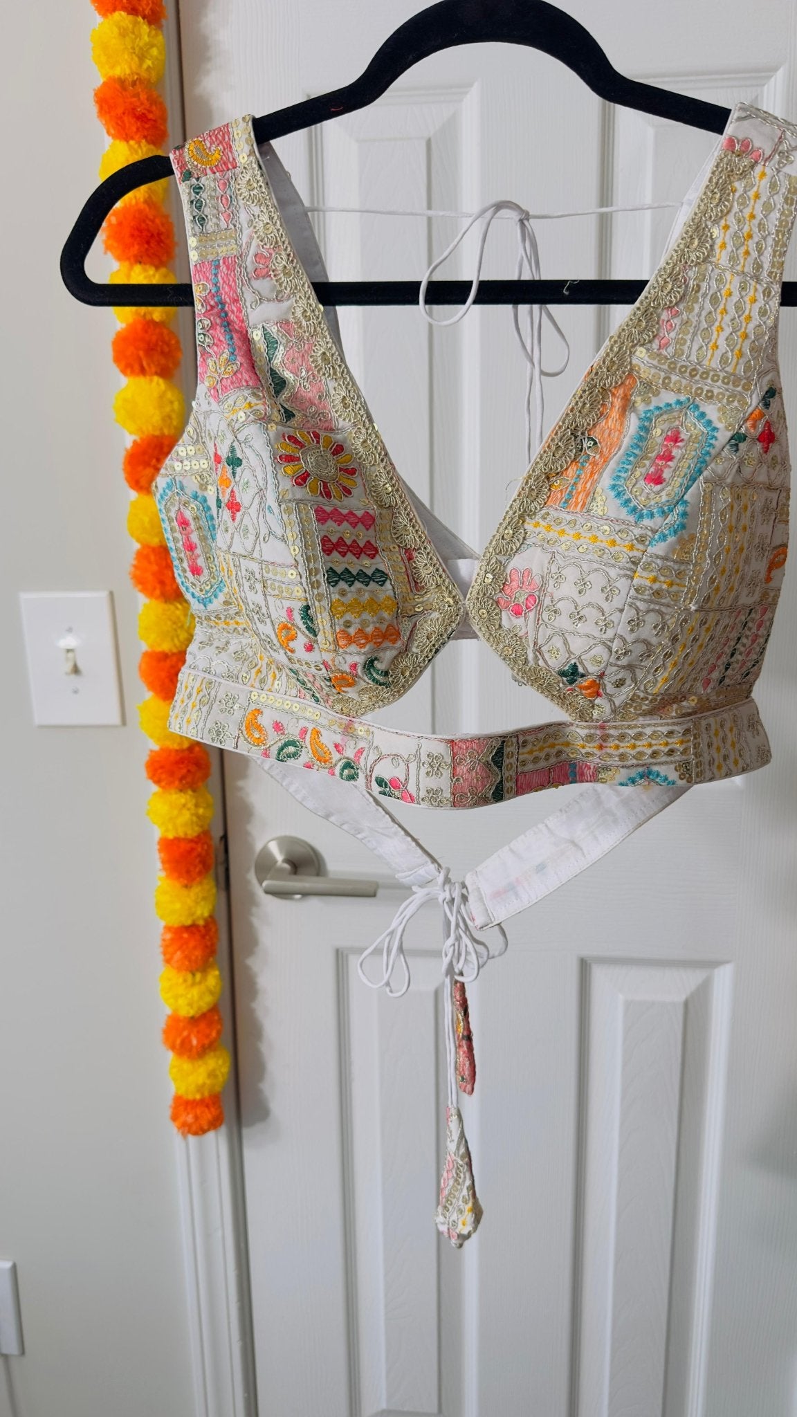 White Designer Multicoloured thread & sequins work blouse with Back adjustable Dori ( can open till size 42 ) - My Store