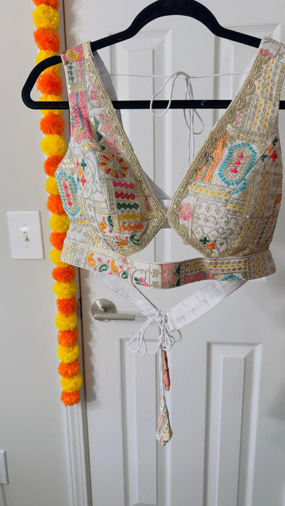 White Designer Multicoloured thread & sequins work blouse with Back adjustable Dori ( can open till size 42 ) - My Store