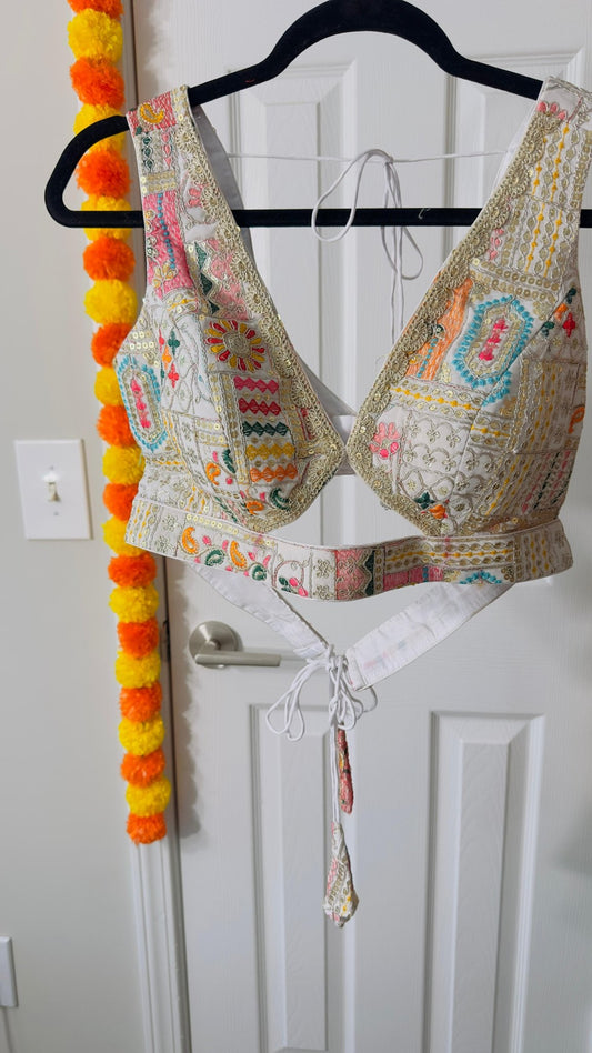 White Designer Multicoloured thread & sequins work blouse with Back adjustable Dori ( can open till size 42 ) - My Store