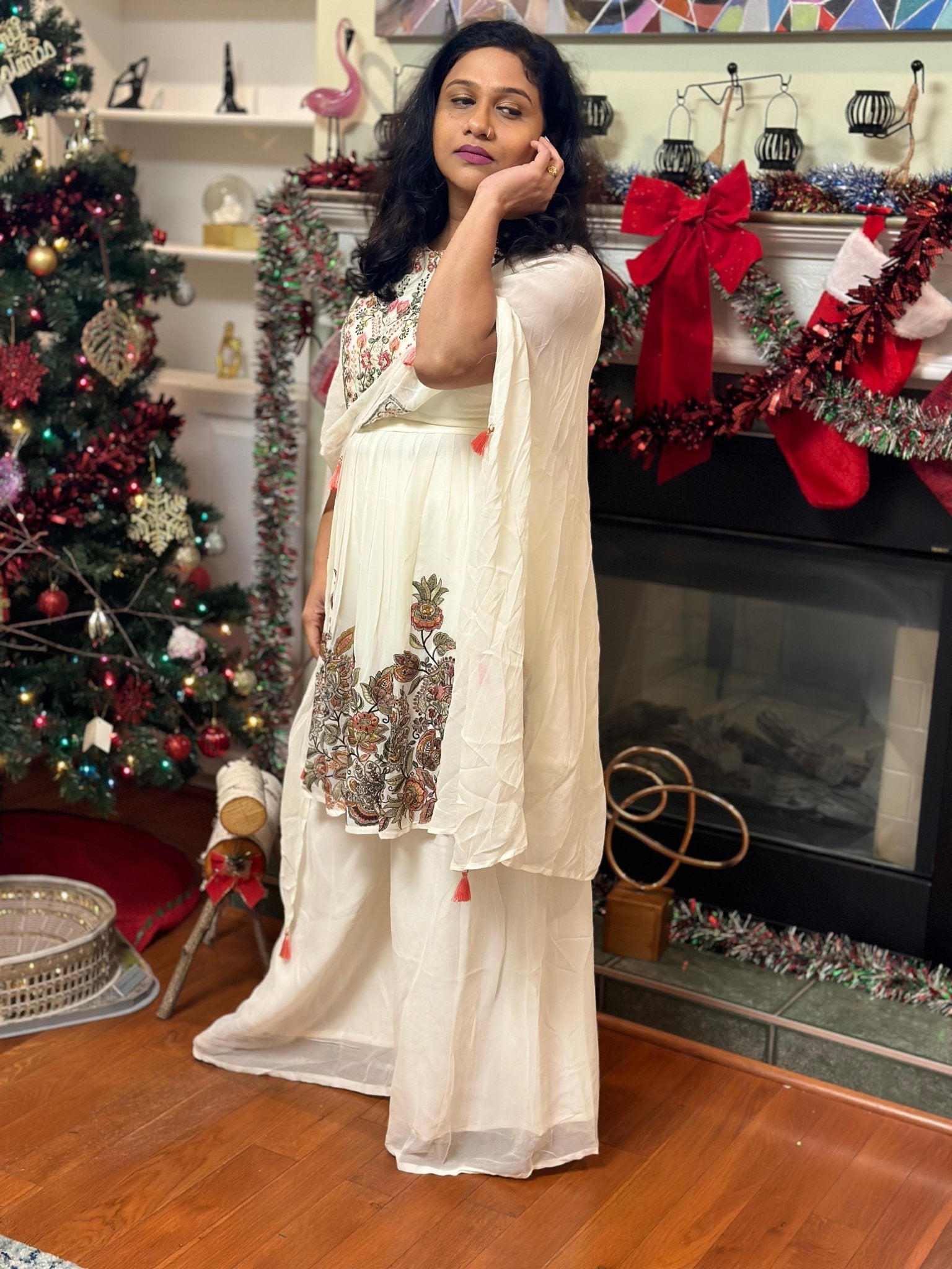 White Indowestern Sharara highlighted with embroidery & mirror - My Store