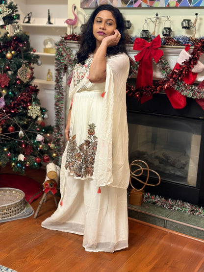 White Indowestern Sharara highlighted with embroidery & mirror - My Store