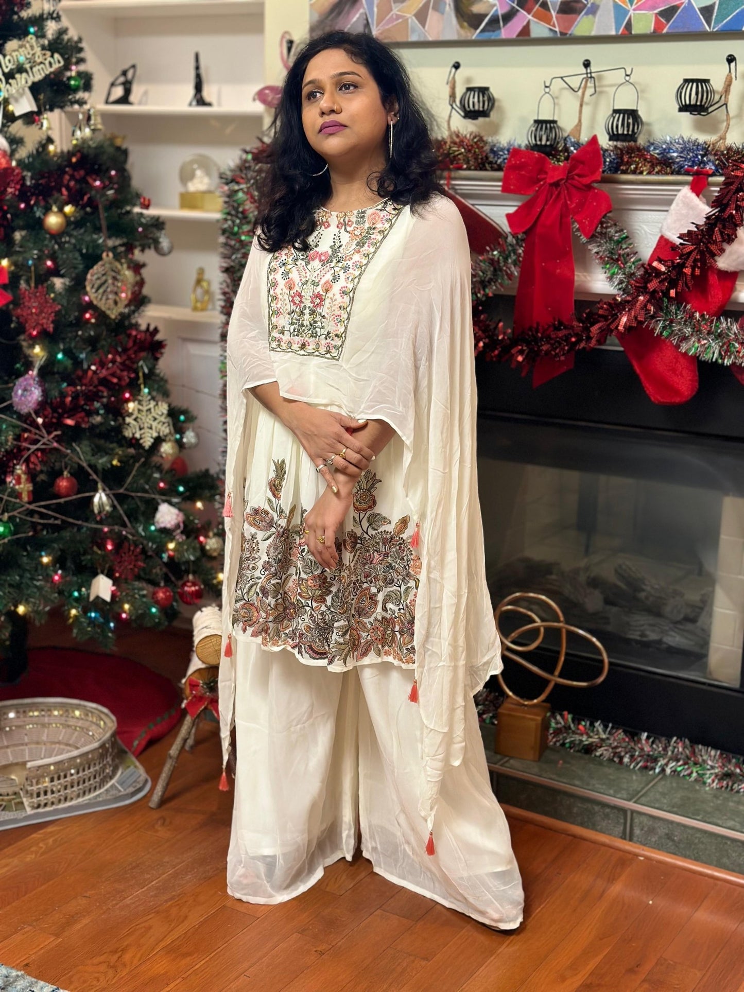 White Indowestern Sharara highlighted with embroidery & mirror - My Store