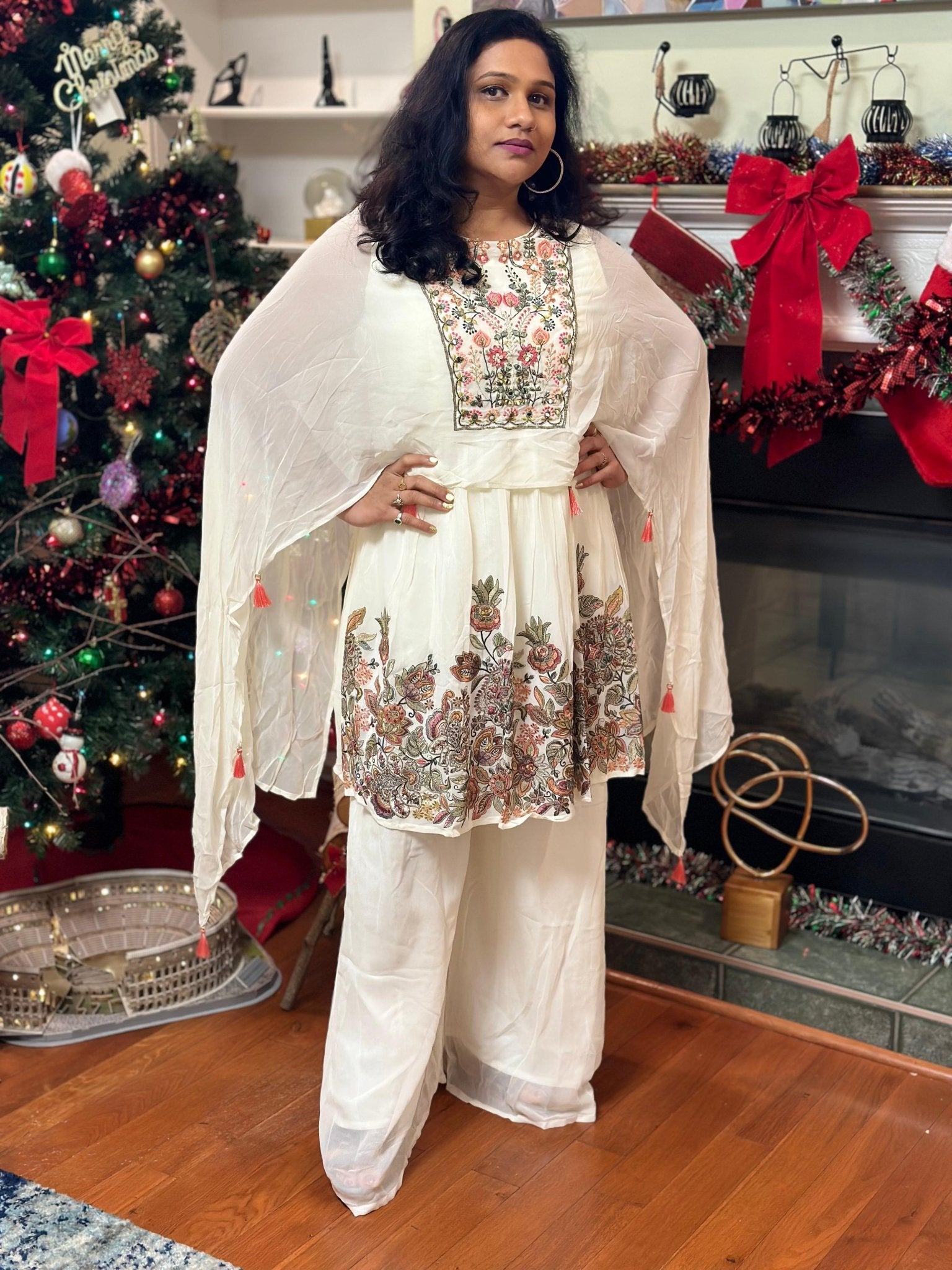 White Indowestern Sharara highlighted with embroidery & mirror - My Store