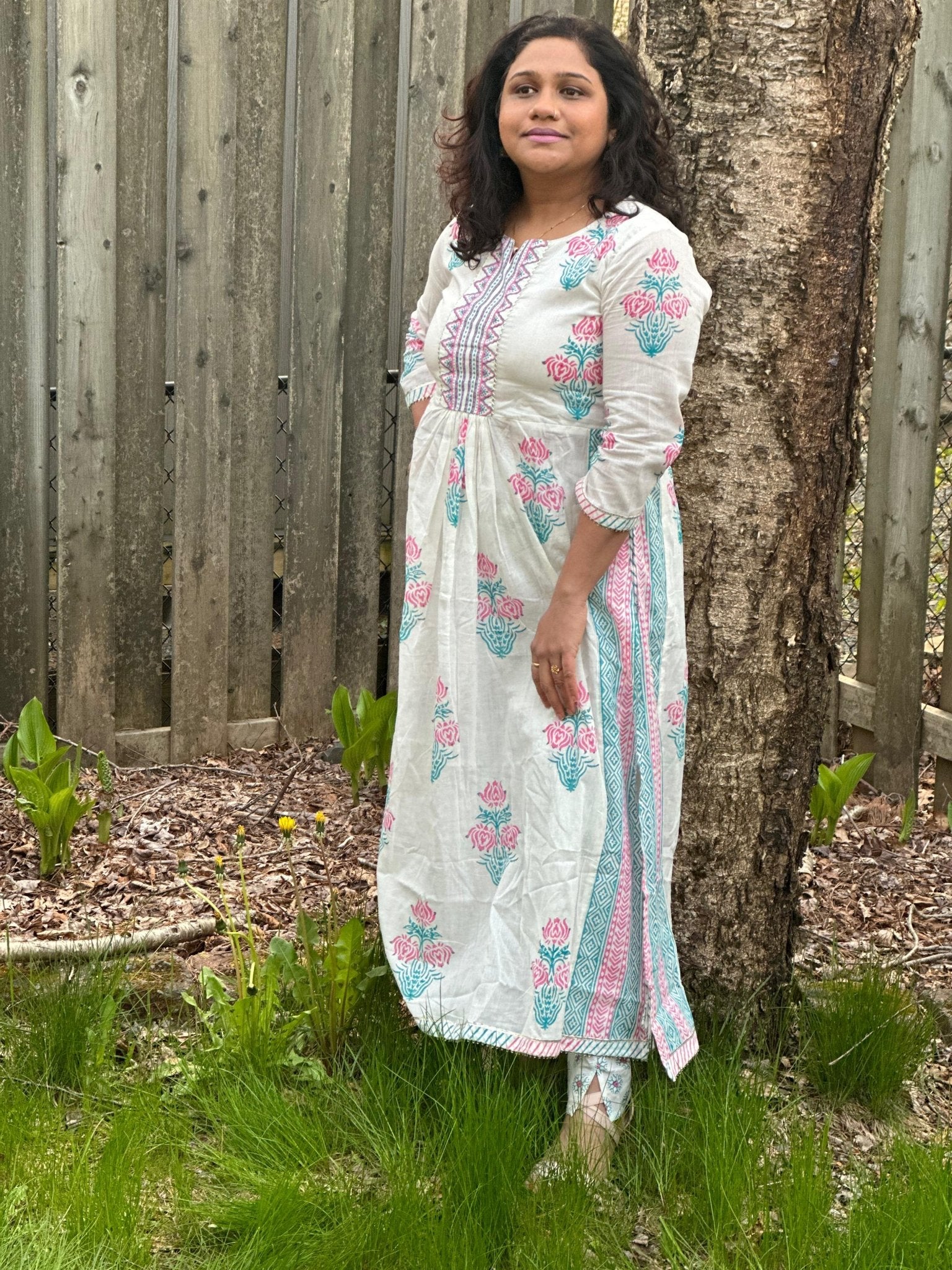 White pure Mul cotton Handblock 2 piece kurta set - My Store