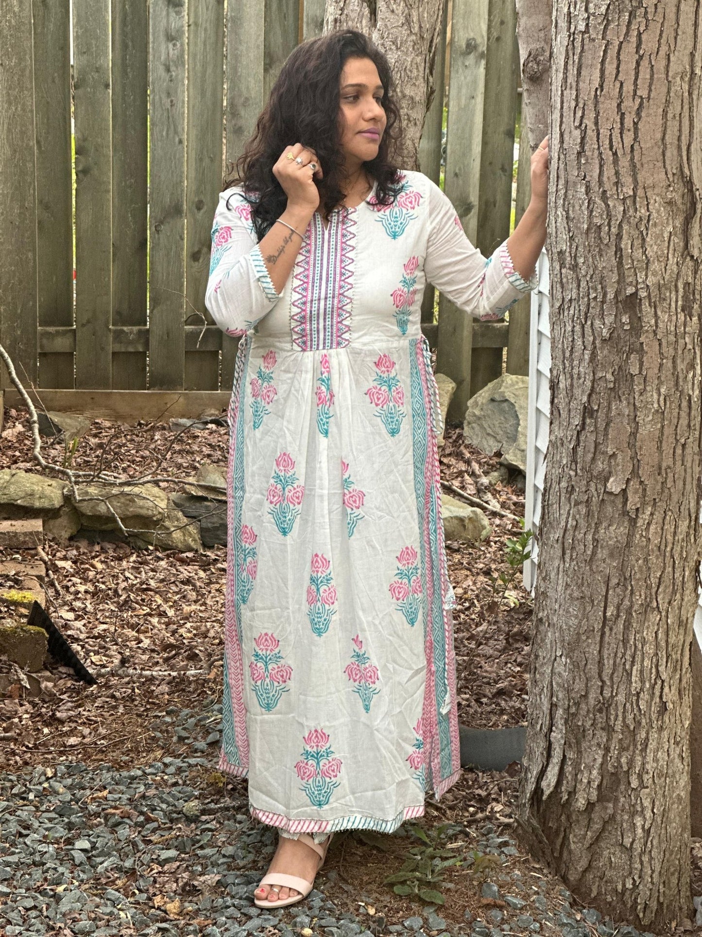 White pure Mul cotton Handblock 2 piece kurta set - My Store