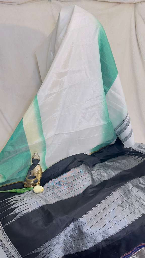 White with teal green with Grey / Black border pure SICO Ilkal Handloom Saree - My Store