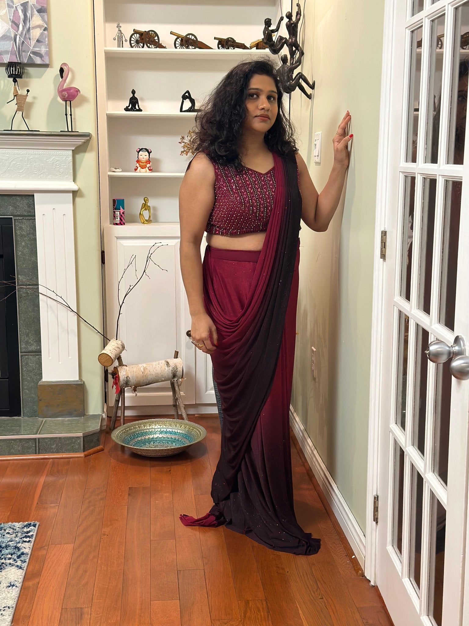 Wine Designer Predraped saree in pure Chiffon highlighted with white stone, Cutdana & pearl handwork - My Store