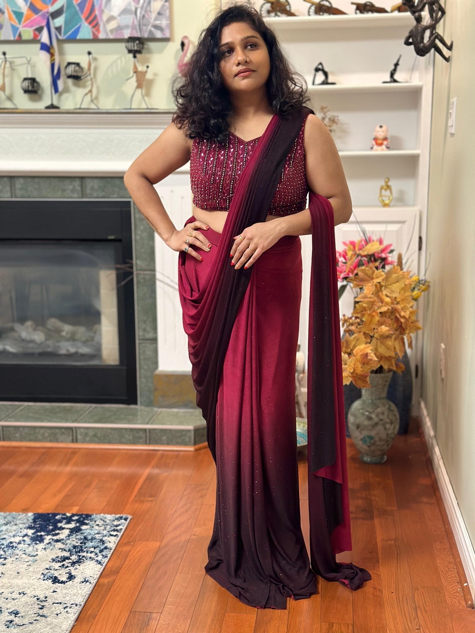 Wine Designer Predraped saree in pure Chiffon highlighted with white stone, Cutdana & pearl handwork - My Store