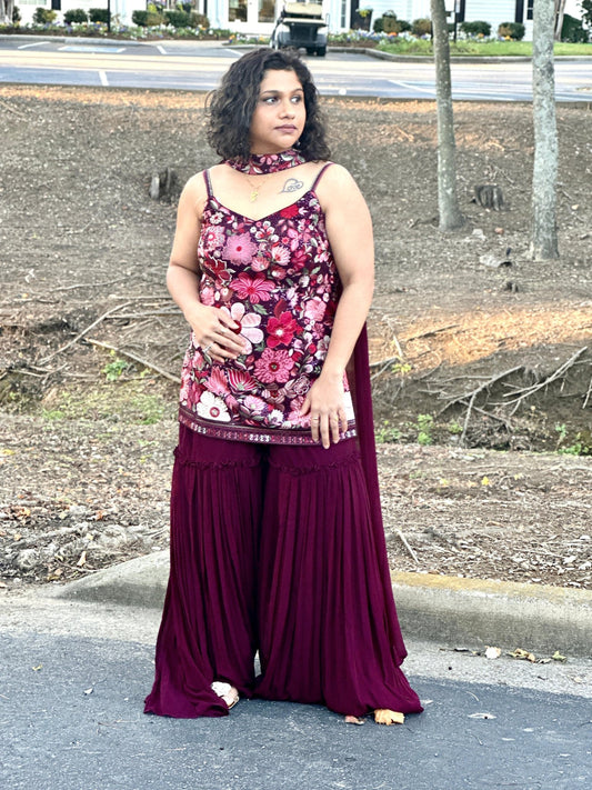 Wine designer Sharara set highlighted with all handwork - My Store