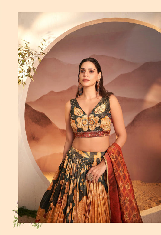 Yellow designer floral Lehenga with Duppata highlighted with all Cutdana, pearl handwork - My Store